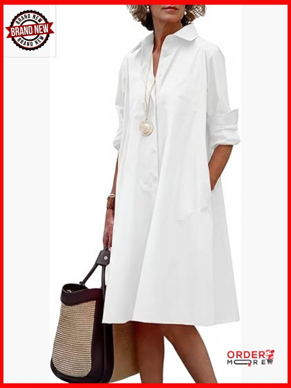 Women's Casual Button Down A-Line Midi Dress with Pockets